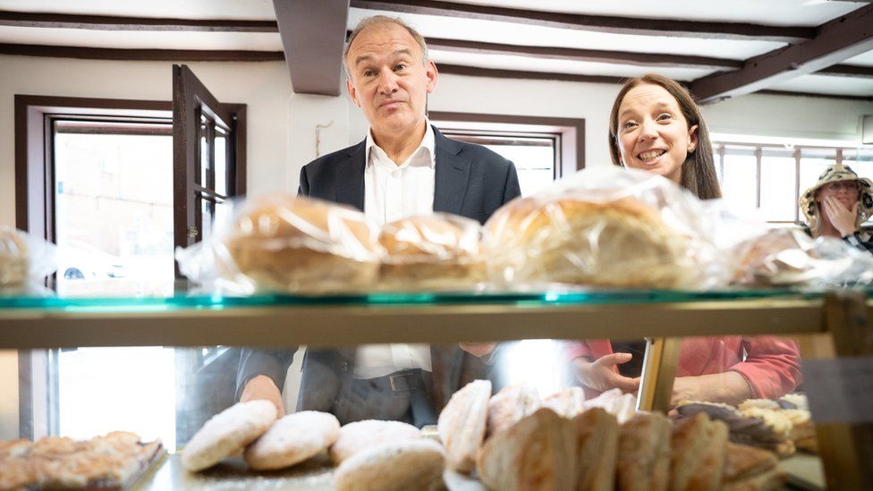 Liberal Democrat leader Sir Ed Davey visits The Cottage Bakery with Mid Bedfordshire by-election candidate Cllr Emma Holland-Lindsay, during a campaigning visit to Ampthill
