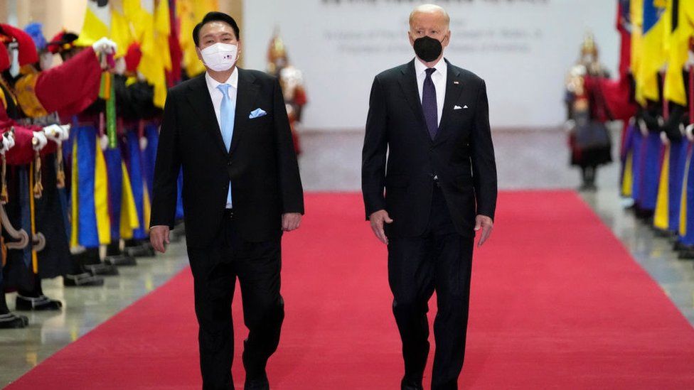U.S. President Joe Biden and South Korean President Yoon Suk-yeol arrive at the National Museum of Korea for the state dinner, on May 21, 2022 in Seoul, South Korea.