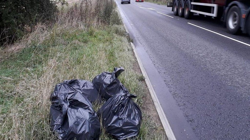 Bags of litter on the side of the road