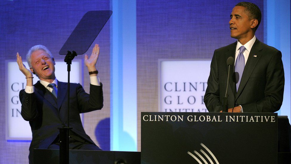 Former President Bill Clinton and US President Barack Obama at the annual Clinton Global Initiative (CGI) in New York in September 2010