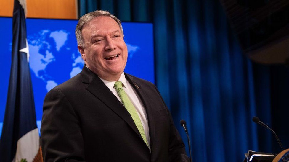 US Secretary of State Mike Pompeo speaks the press at the State Department in Washington.