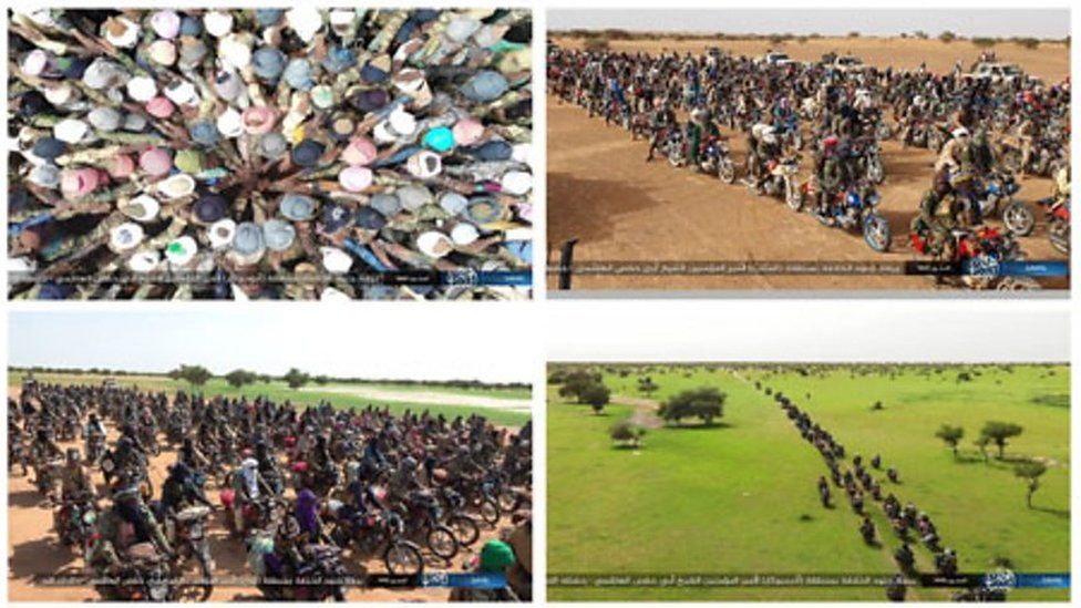 IS images from various Sahel sub-branches showing dozens of militants pledging allegiance
