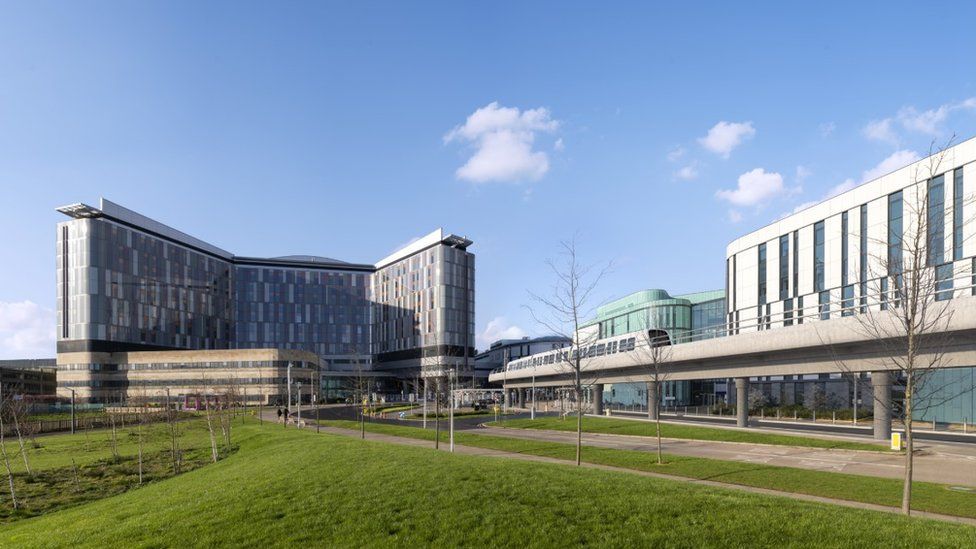 A visualisation of Glasgow's Queen Elizabeth University Hospital with the metro system