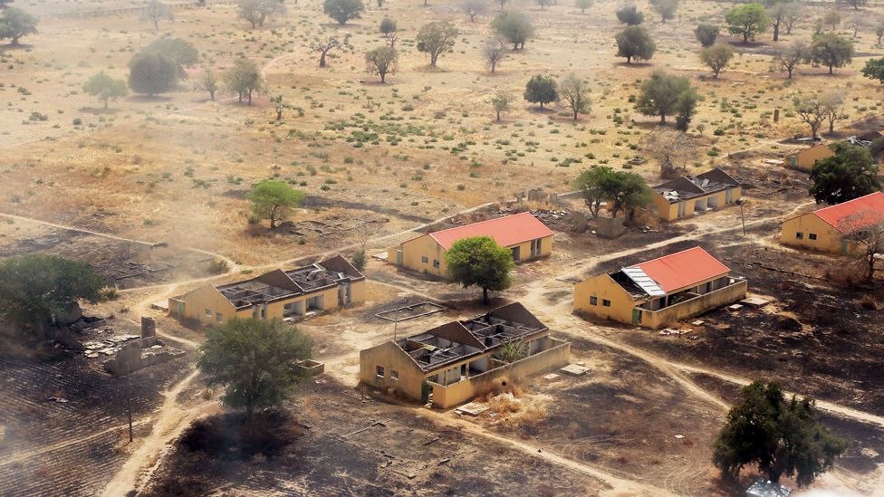 An aerial view of the burnt-out classrooms of a school in Chibok, Nigeria - March 2015
