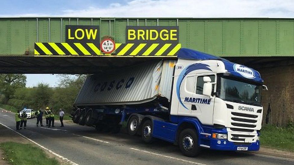 Lorry wedged under bridge