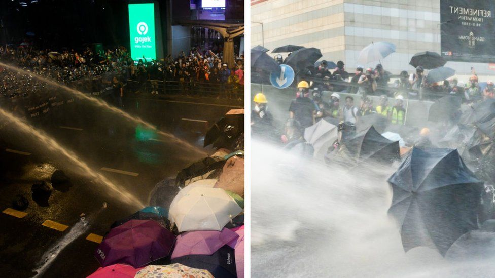Protesters in Bangkok (L) and protesters in Hong Kong (R)
