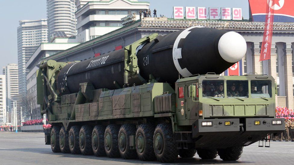 A Hwasong-15 missile on its launcher in central Pyongyang on 8 February
