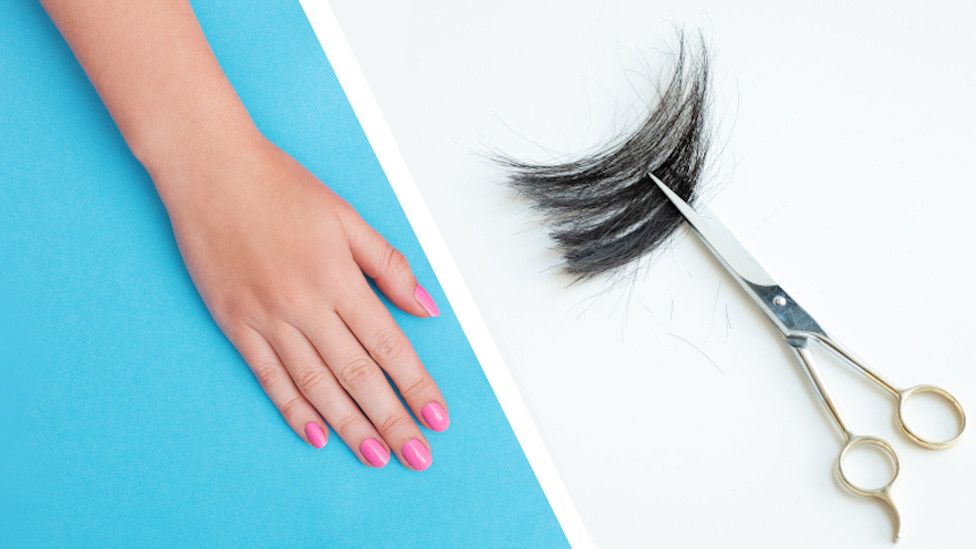 Composite pic of nails and hair scissors