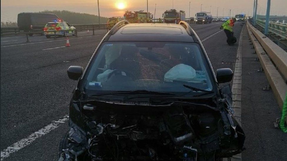 Wrecked vehicle on the M4 Prince on Wales Bridge