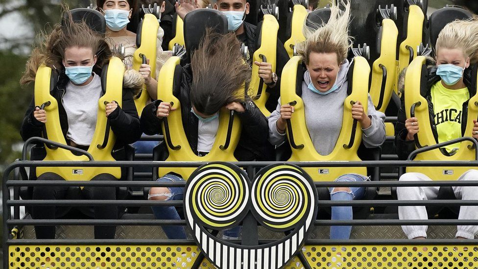 People on a Smiler rollercoaster in Alton Towers UK