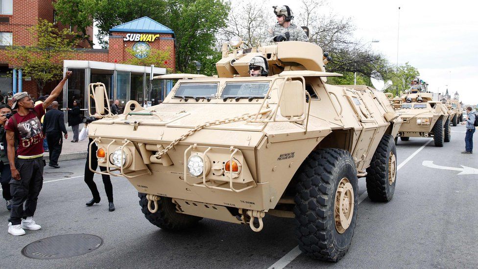 The Maryland National Guard deployed armoured cars in Baltimore during last year's unrest