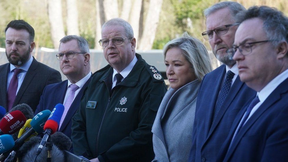 Left to right: SDLP leader Colum Eastwood, DUP leader Sir Jeffrey Donaldson, PSNI Chief Constable Simon Byrne, Sinn Féin deputy leader Michelle O'Neill, Ulster Unionist Party leader Doug Beattie and Stephen Farry from the Alliance party