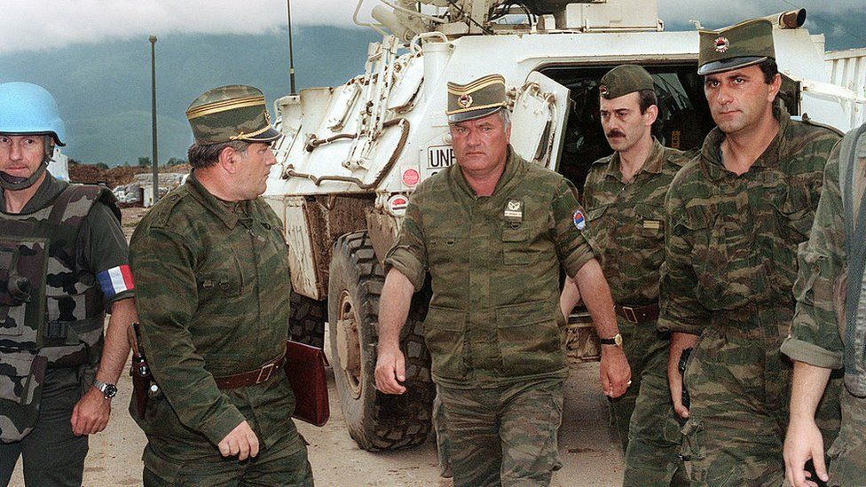 Ratko Mladic (centre) arrives in Sarajevo in 1993