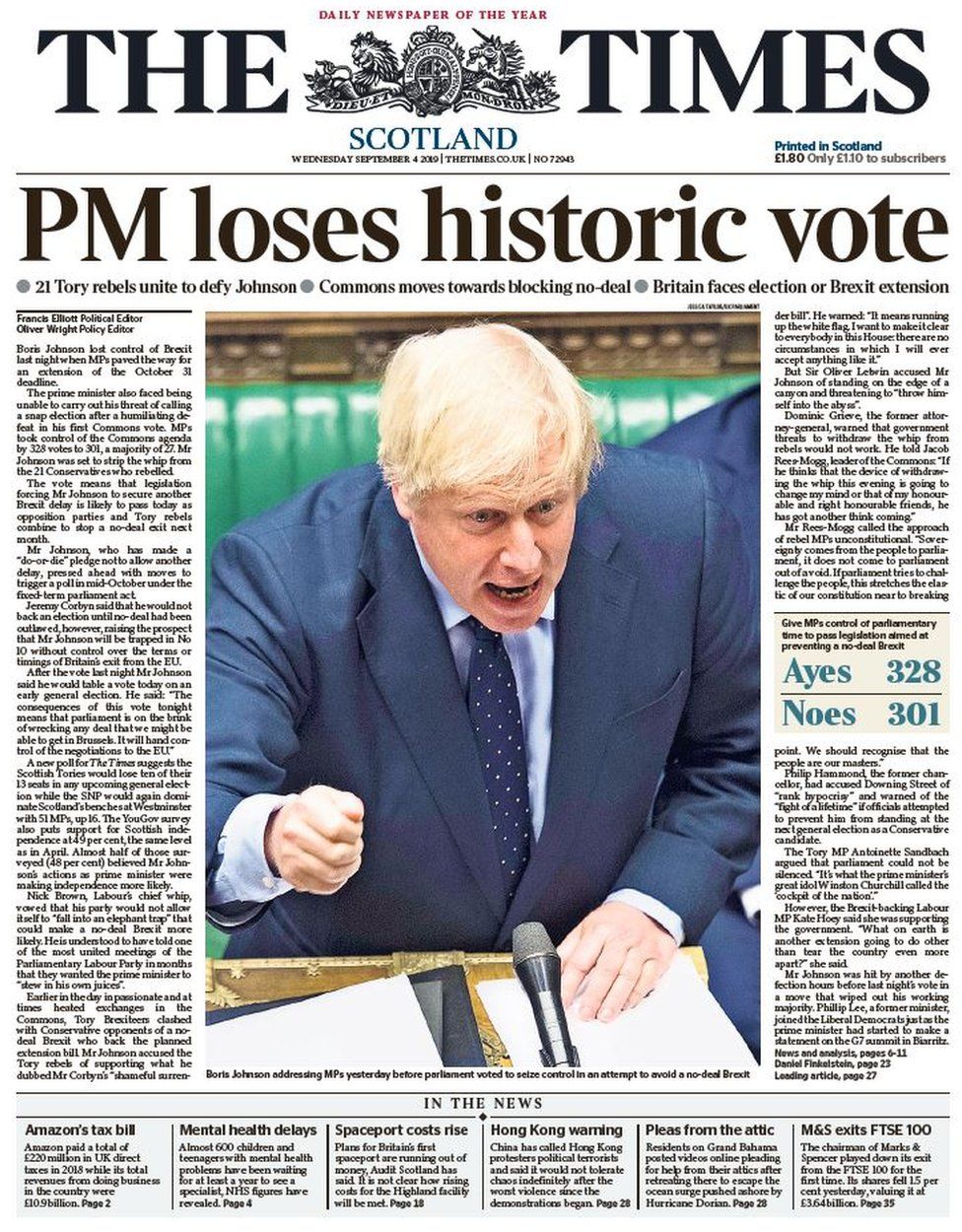 Scotland's papers: Johnson loses 'vote', 'control' and 'the plot' - BBC ...