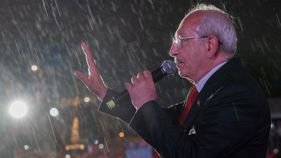 Kemal Kilicdaroglu addressed supporters in pouring rain with just a day to go before the vote