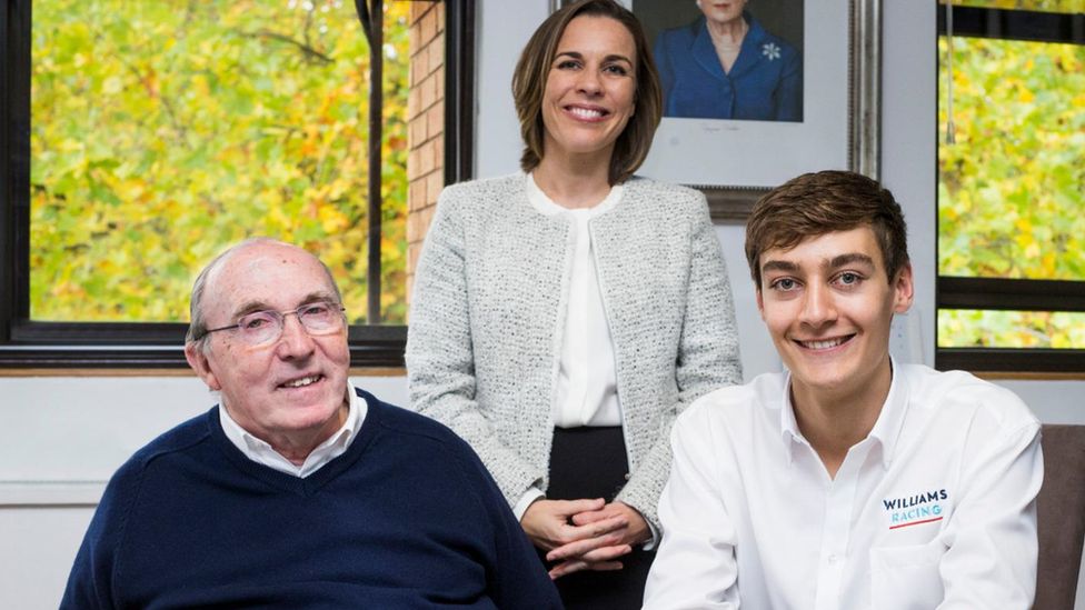 Sir Frank Williams, Claire Williams and George Russell