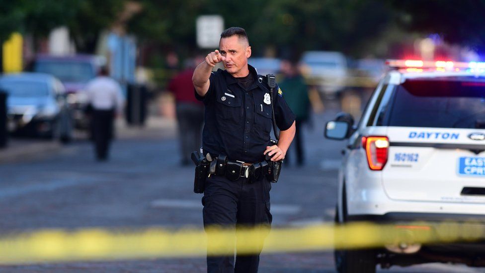 Police officers at the crime scene in Dayton, Ohio, USA, 04 August 2019 following the mass shooting in the Oregon district of Dayton.