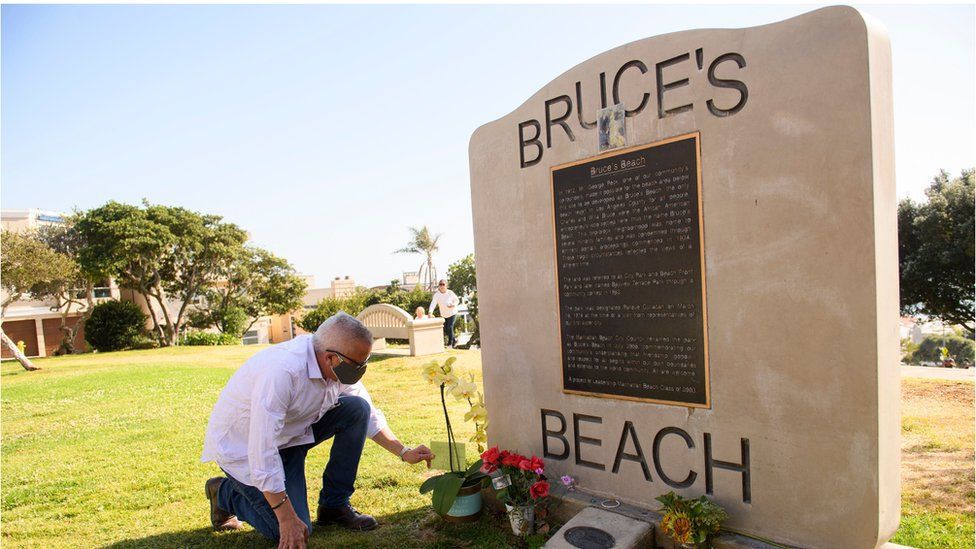 The monument and plaque at Bruce's Beach, photographed in 2021