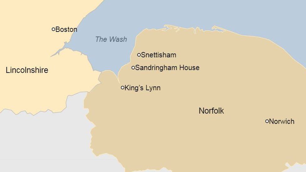 Map showing Snettisham and The Wash