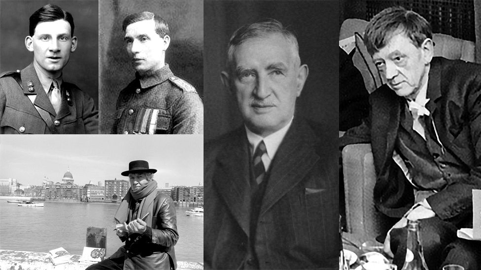 Some of the atists and writers who served at Mametz Wood, l-r clockwise: Siegfried Sassoon (Getty); Frank Richards (RWF Museum); Sir Wynn Powell Wheldon (National Portrait Gallery, London; David Jones; Robert Graves