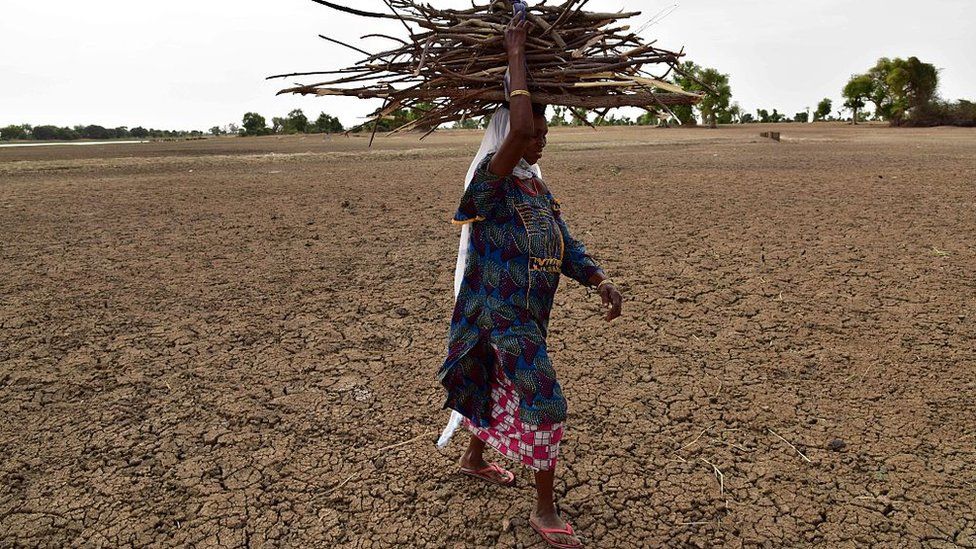 A woman and her son carry fire wood on their heads on the dried banks of the Yobe River, known locally as the Komadougou, near Diffa in South-East Niger on June 20, 2016.