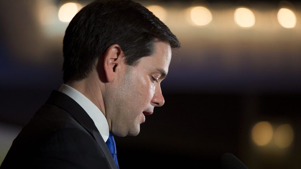 US Republican presidential candidate Sen. Marco Rubio (R-Florida) speaks to supporters about a disappointing showing in the primary at a primary night event at a hotel in Manchester, New Hampshire, USA, 09 February 2016.