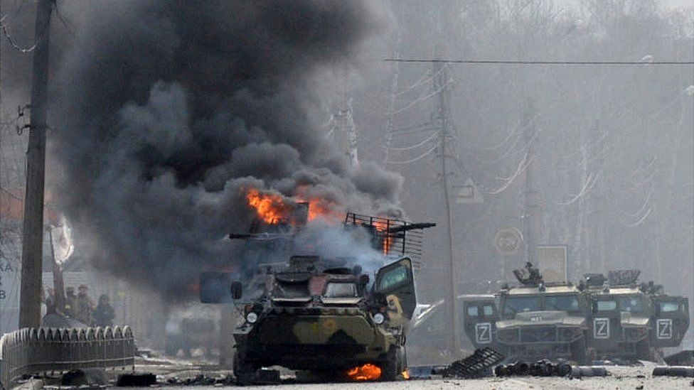 Russian Armoured personnel carrier (APC) burning in Kharkiv.