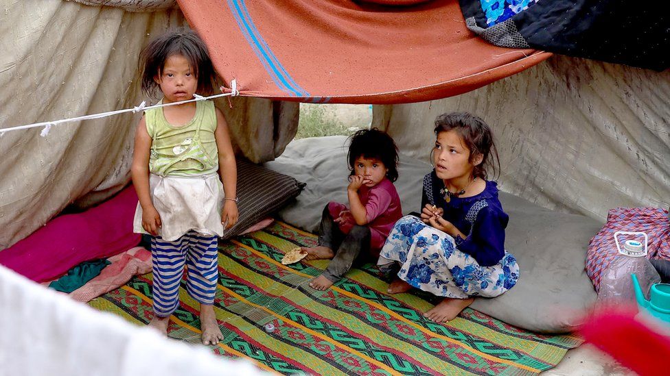 Children from displaced families taking shelter in a park in Kabul