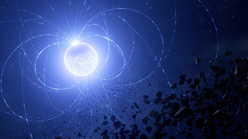 An artist’s impression of the magnetic white dwarf WD 0816-310 with a metal scar