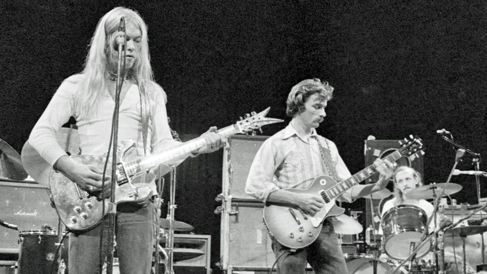 Betts (centre) on stage with The Allman Brothers Band in 1973