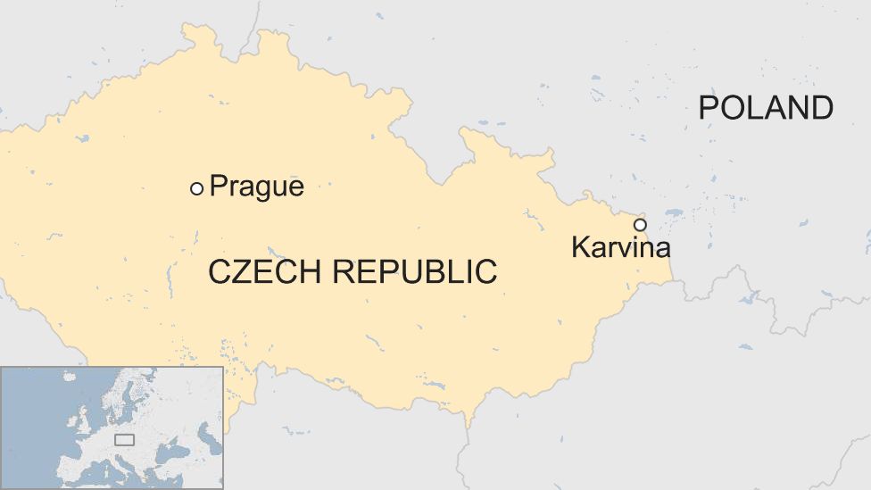 Map showing the location of Karvina in the Czech Republic and near the Polish border