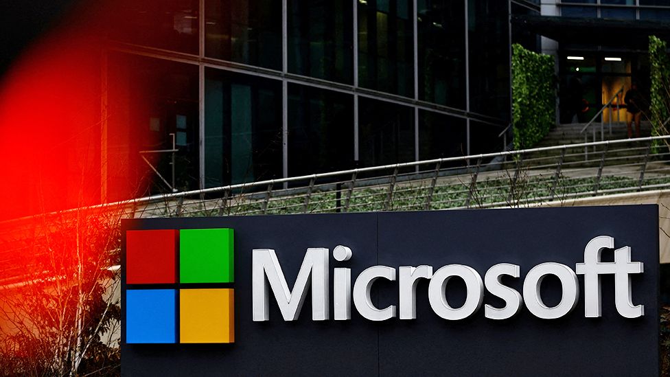Microsoft logo at Microsoft offices in Issy-les-Moulineaux near Paris, France, January 25, 2023