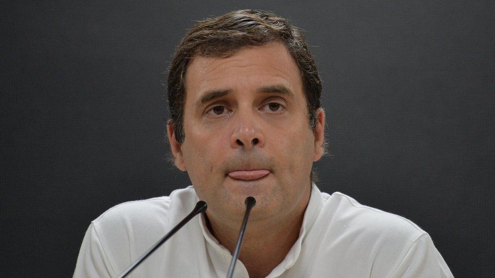Rahul Gandhi speaking at a press conference, where he conceded the election to Prime Minister Modi