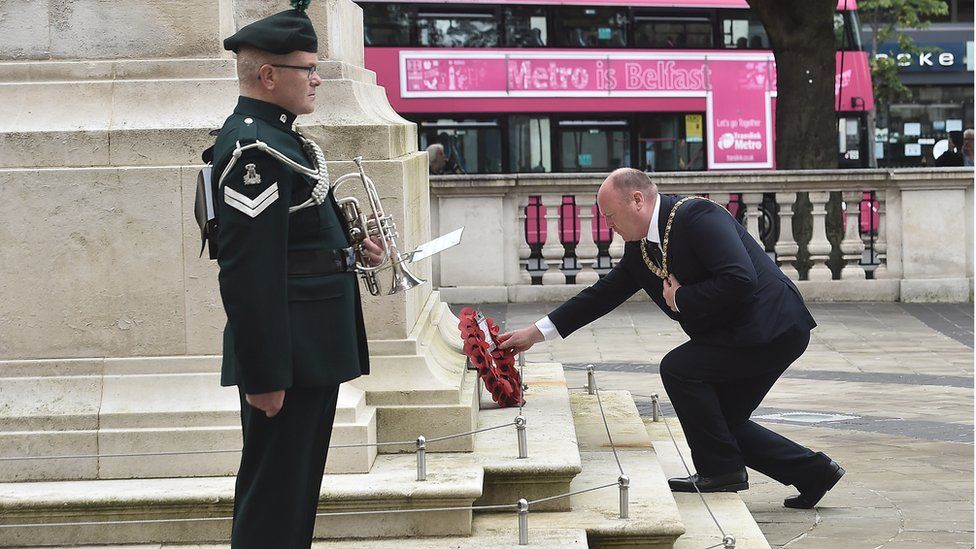 Lord Mayor of Belfast Frank McCoubrey lays a wreath at the Cenotaph at Belfast City Hall
