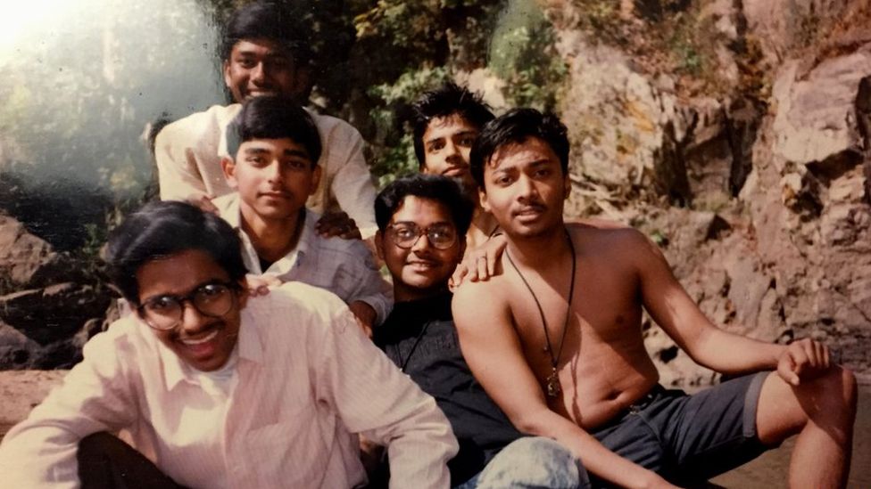 A young Ambarish Mitra (centre) and friends