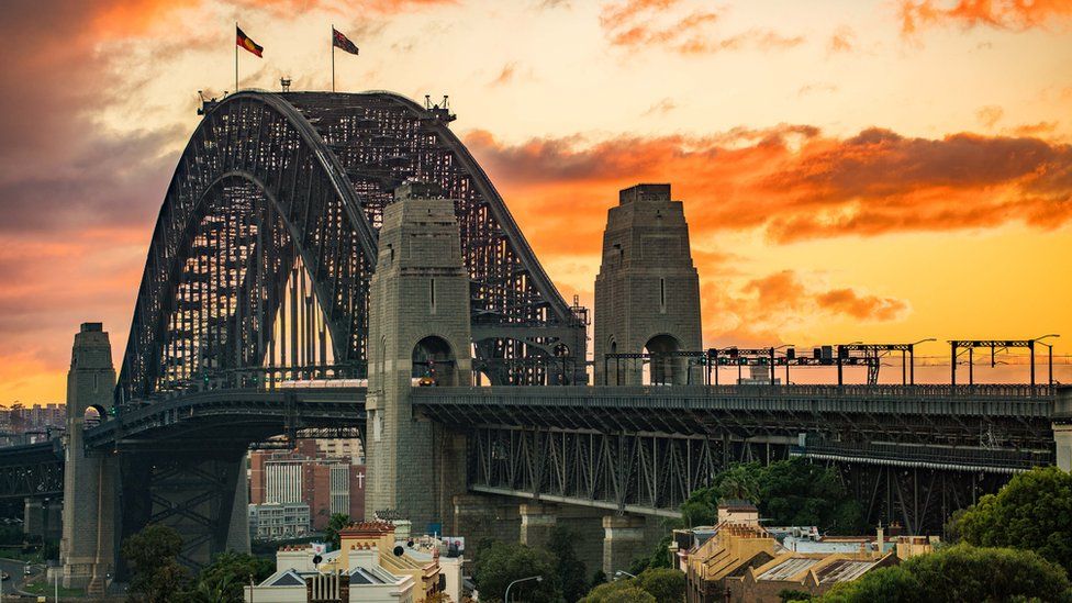 The Sydney Harbour Bridge pictured at sunset