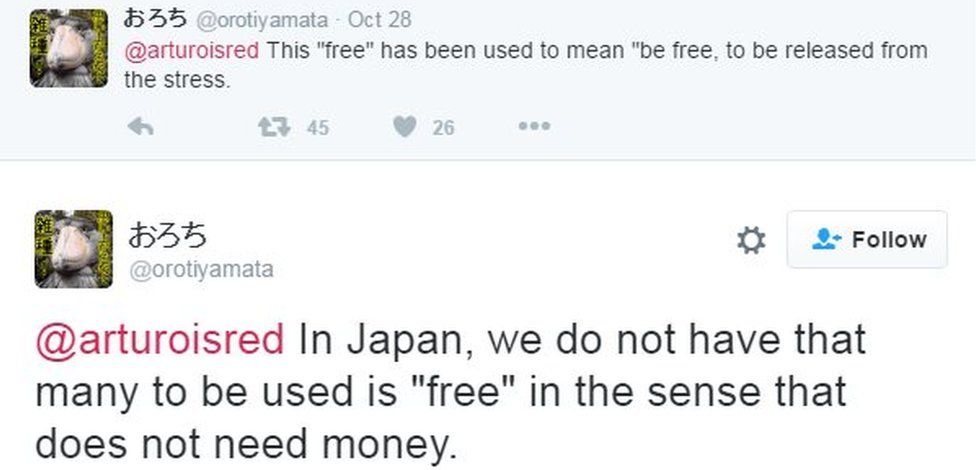 Two tweets by @orotiyamata to @arturoisred: "This "free" has been used to mean "be free, to be released from the stress." and "In Japan, we do not have that many to be used is "free" in the sense that does not need money."
