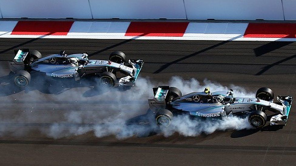 Mercedes drivers Nico Rosberg and Lewis Hamilton compete in the 2014 Russian Grand Prix in Sochi