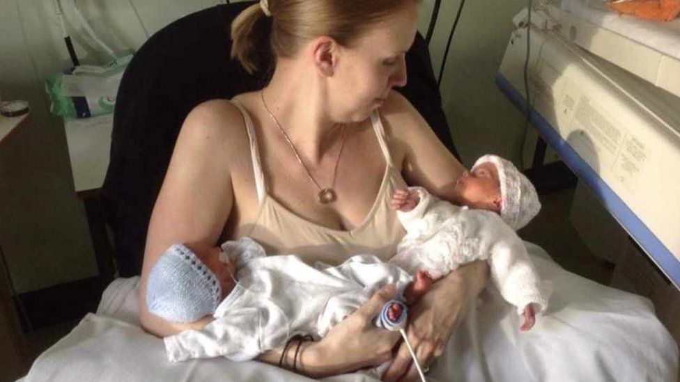 Nicola Mansfield with twins Archie John and Ella Kate as newborns