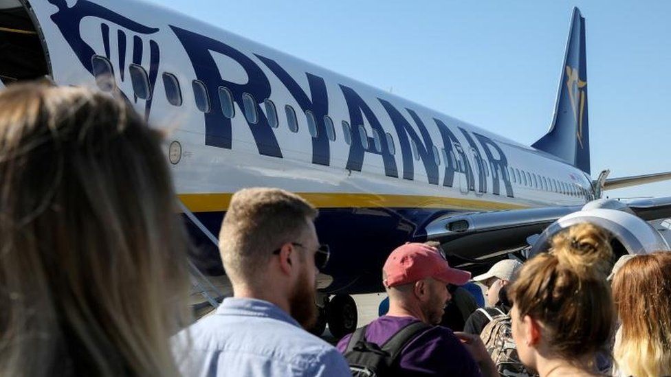 Ryanair plane and passengers