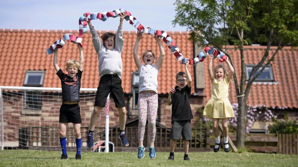 children with bunting