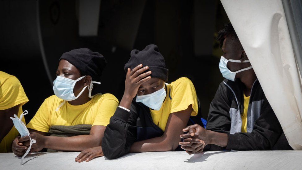 Migrants at the MSF's (Doctors Without Borders) Geo Barents ship at the Italian port of Brindisi on September 19, 2023, carrying 471 migrants, including 173 minors, one of whom was less than a year old.
