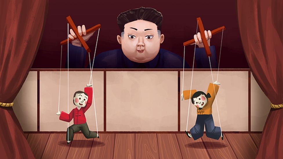 A illustration of Kim Jong-un as a puppeteer