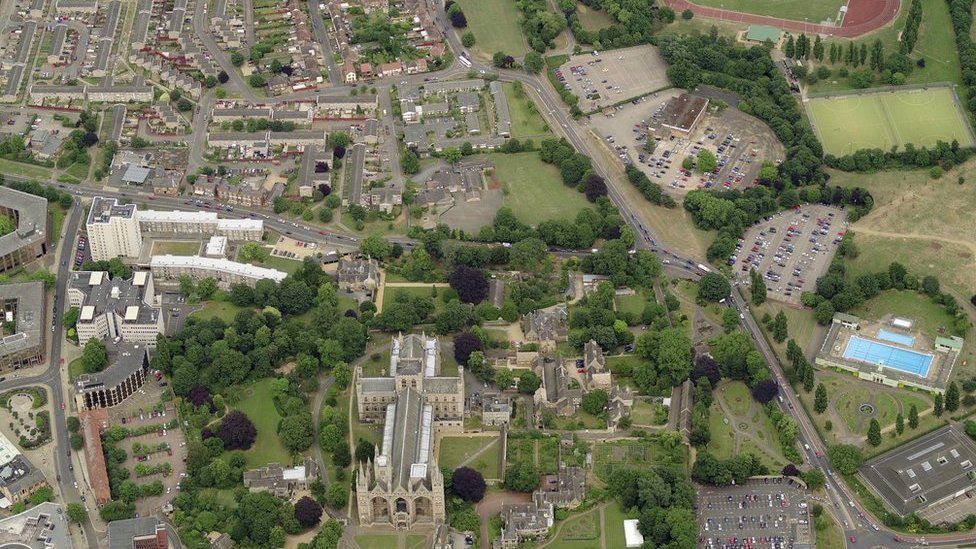 Aerial view of Peterborough Cathedral and surrounding area