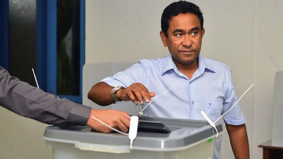 Maldives President Abdulla Yameen voting at a polling station in the capital, Male