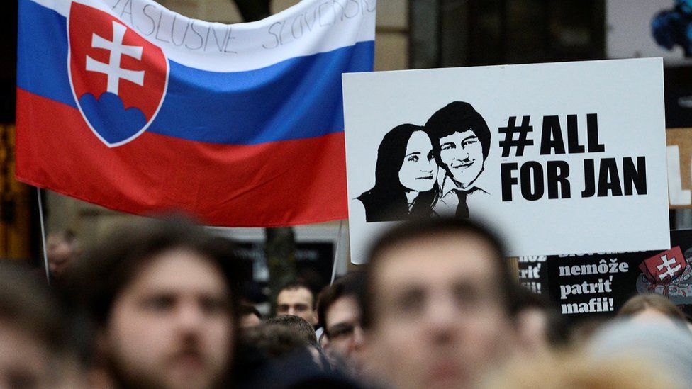 Demonstrators attend a protest called "Let"s stand for decency in Slovakia" in reaction to the murder of Slovak investigative reporter Jan Kuciak and his fiancee Martina Kusnirova,