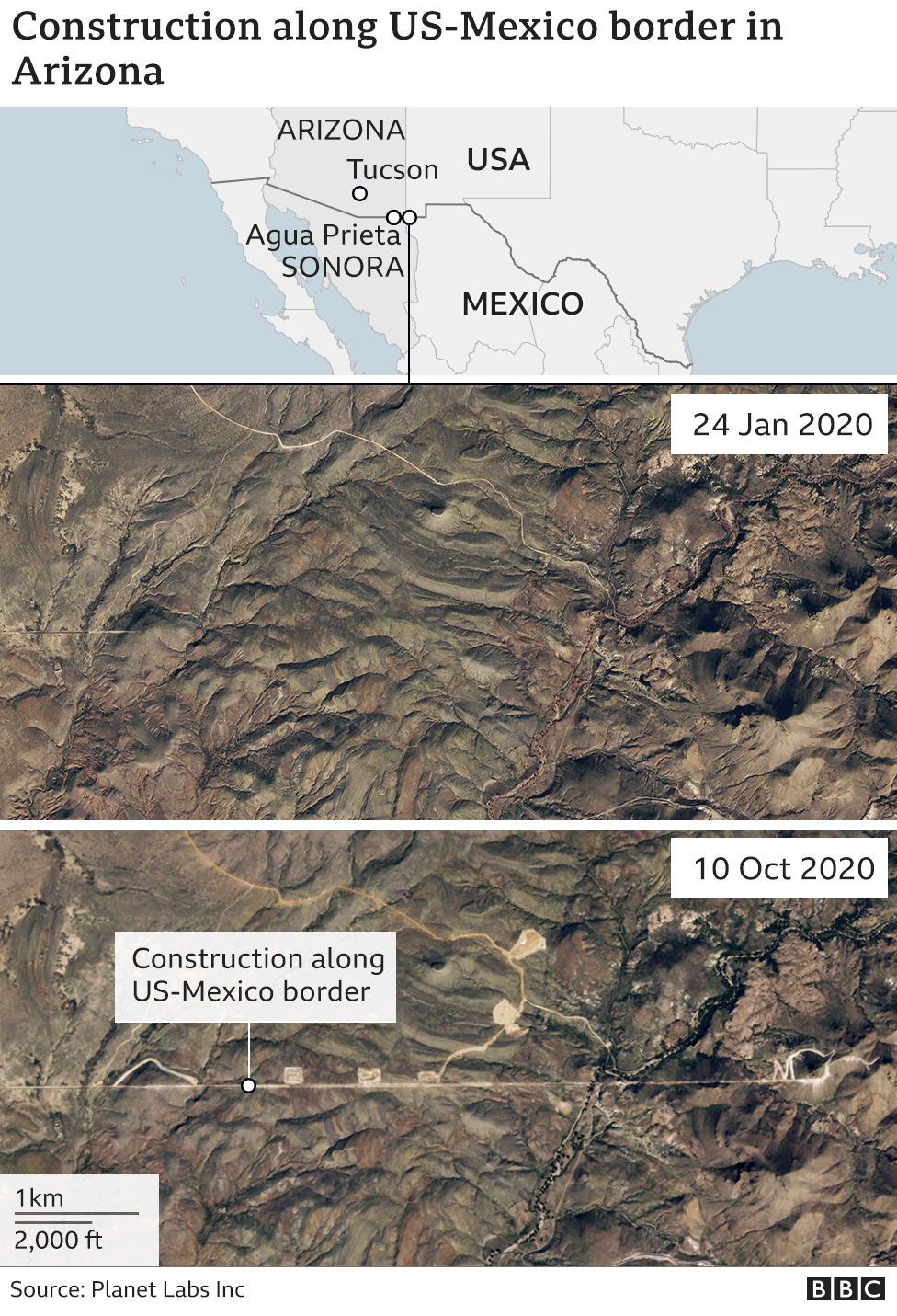 Satellite images show recent construction work along the border