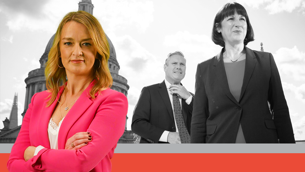 A stylised Laura Kuenssberg graphic, with Kuensberg at the front of the picture, in colour, and Labour's Rachel Reeves and Sir Keir Starmer in the background, in black and white