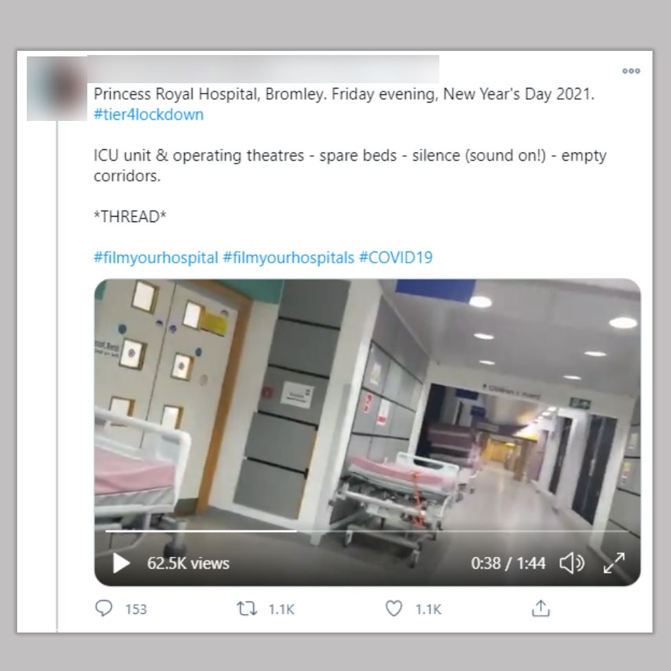 Screenshot of a video inside Princess Royal Hospital. Shows empty corridor. Tweet reads: ICU unit & operating theatres - spare beds - silence (sound on!) - empty corridors.