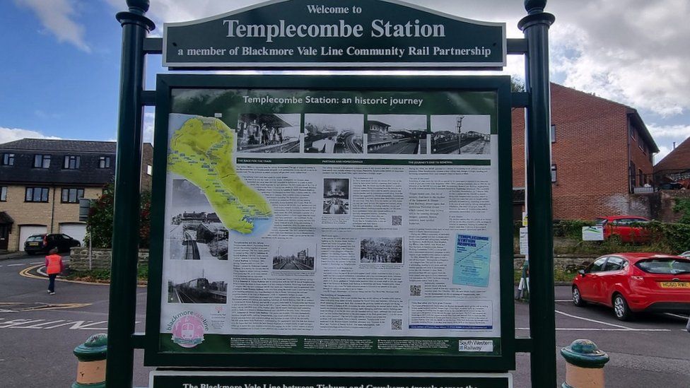 Image of the Templecombe Station sign. The green top of the sign reads 'Welcome to Templecombe Station a member of Blackmore Vale Line Community Rail Partnership' in white letters. Beneath it is a large rectangular panel which features lots of small black text and black and white images. It is titled 'Templecombe Station: a historic journey'. Houses and cars can be seen in the background, behind the sign.